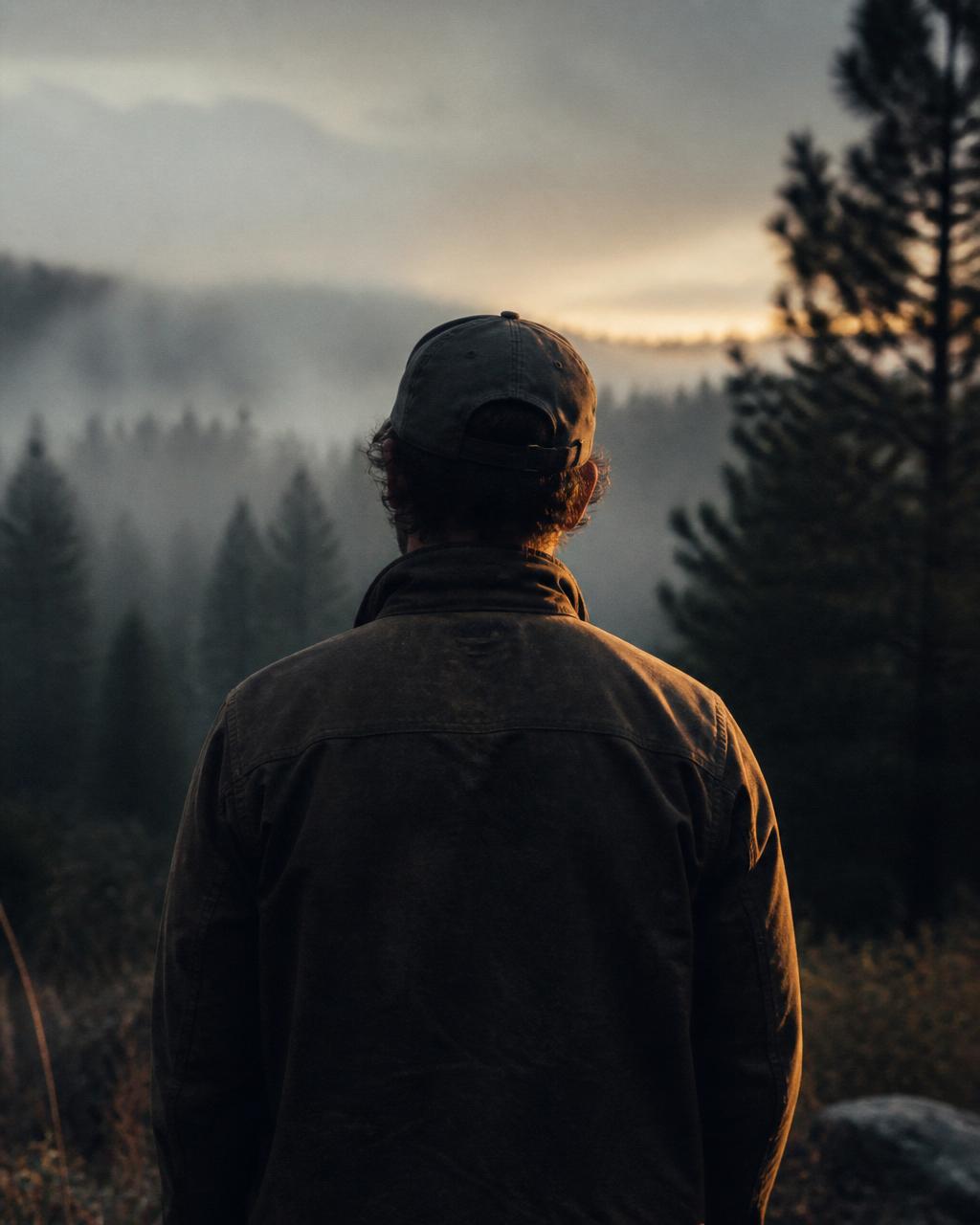 A veteran in a weathered field jacket and ballcap stands at the edge of a misty pine forest at dusk, seen from behind